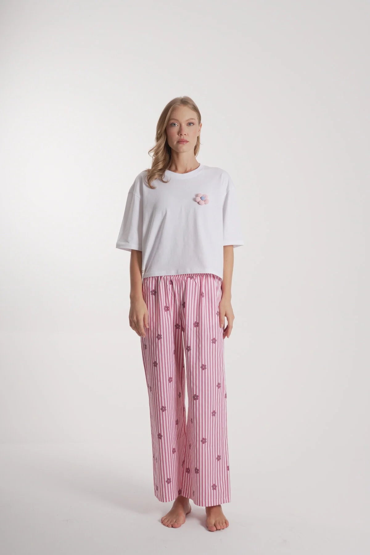 Kadın Çiçek Detay Uzun Pijama Takımı