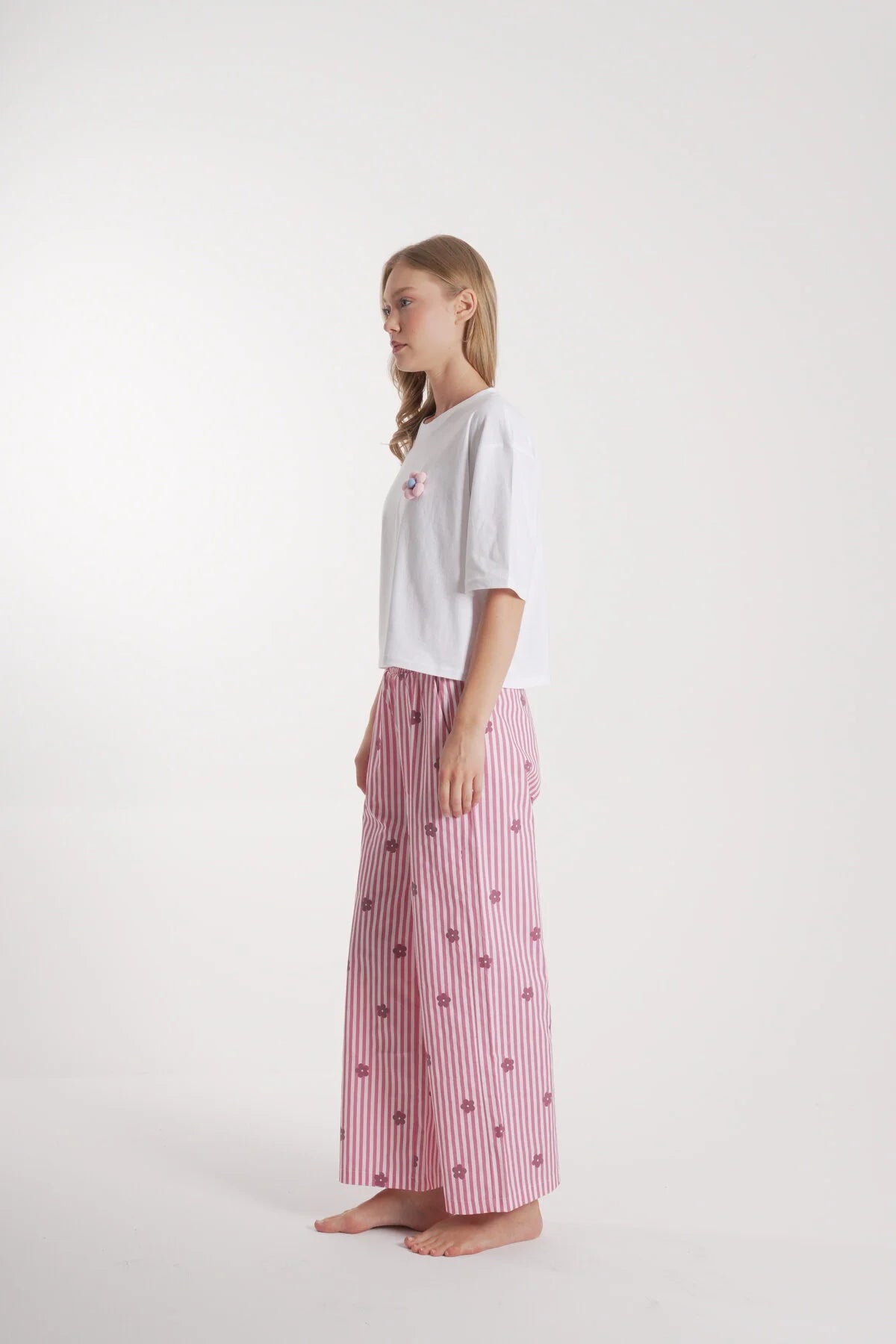 Kadın Çiçek Detay Uzun Pijama Takımı