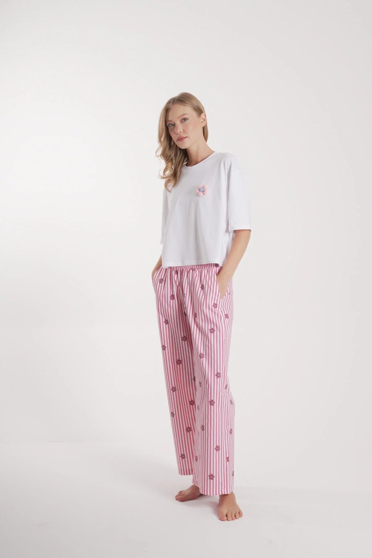 Kadın Çiçek Detay Uzun Pijama Takımı