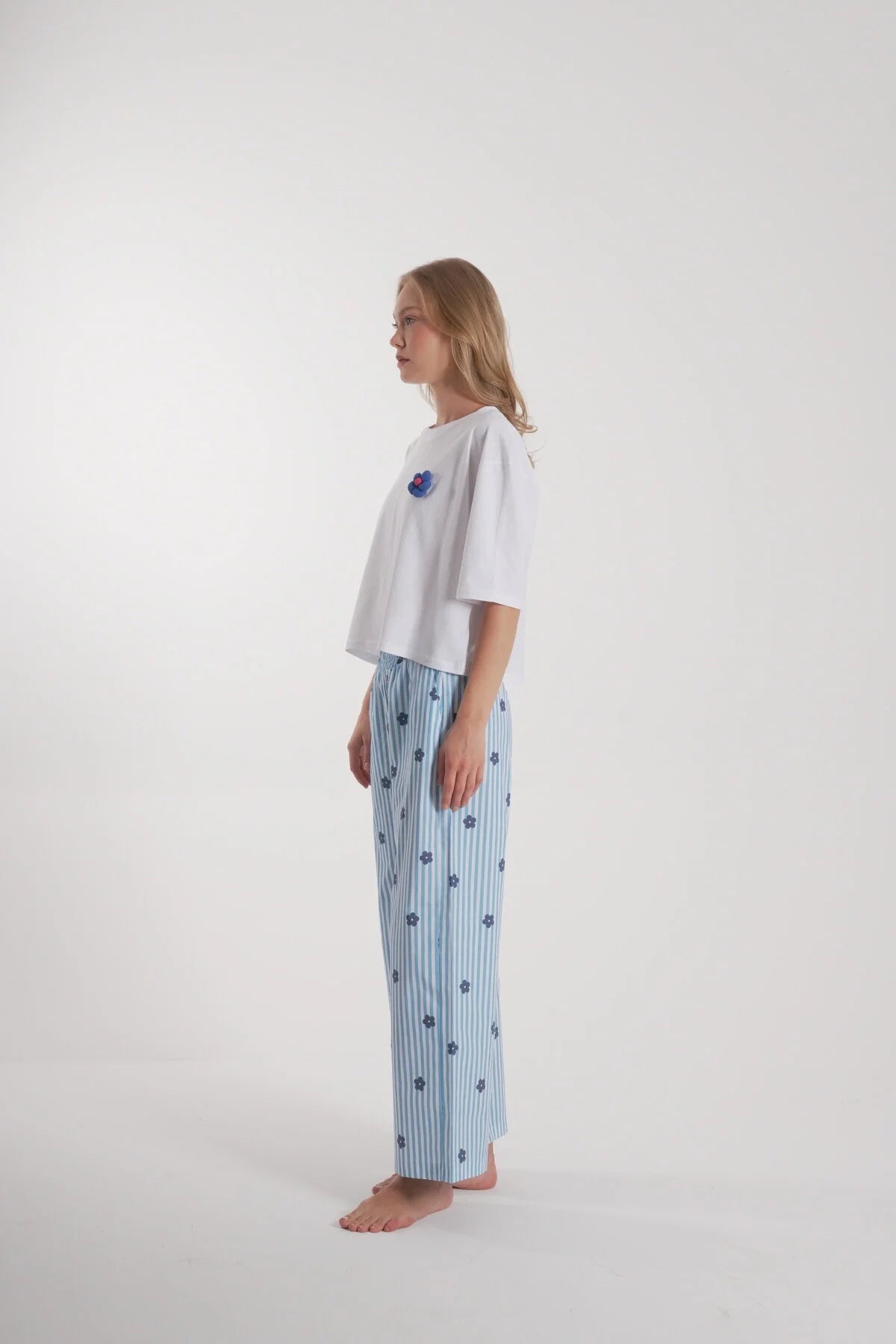Kadın Çiçek Detay Uzun Pijama Takımı