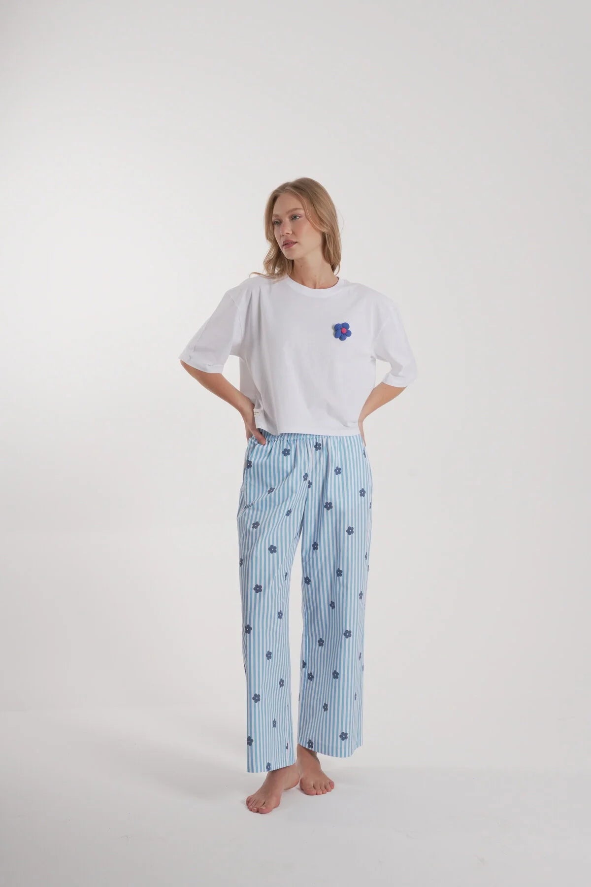 Kadın Çiçek Detay Uzun Pijama Takımı