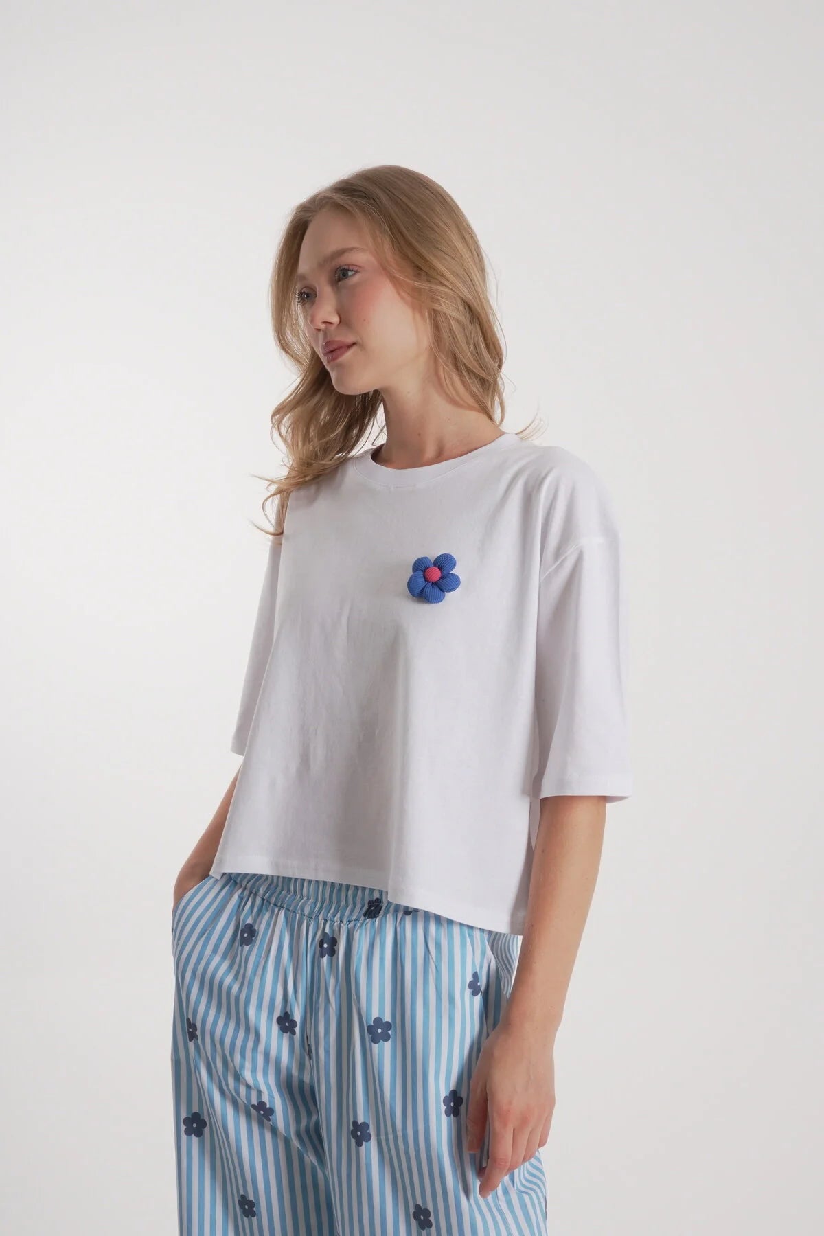 Kadın Çiçek Detay Uzun Pijama Takımı